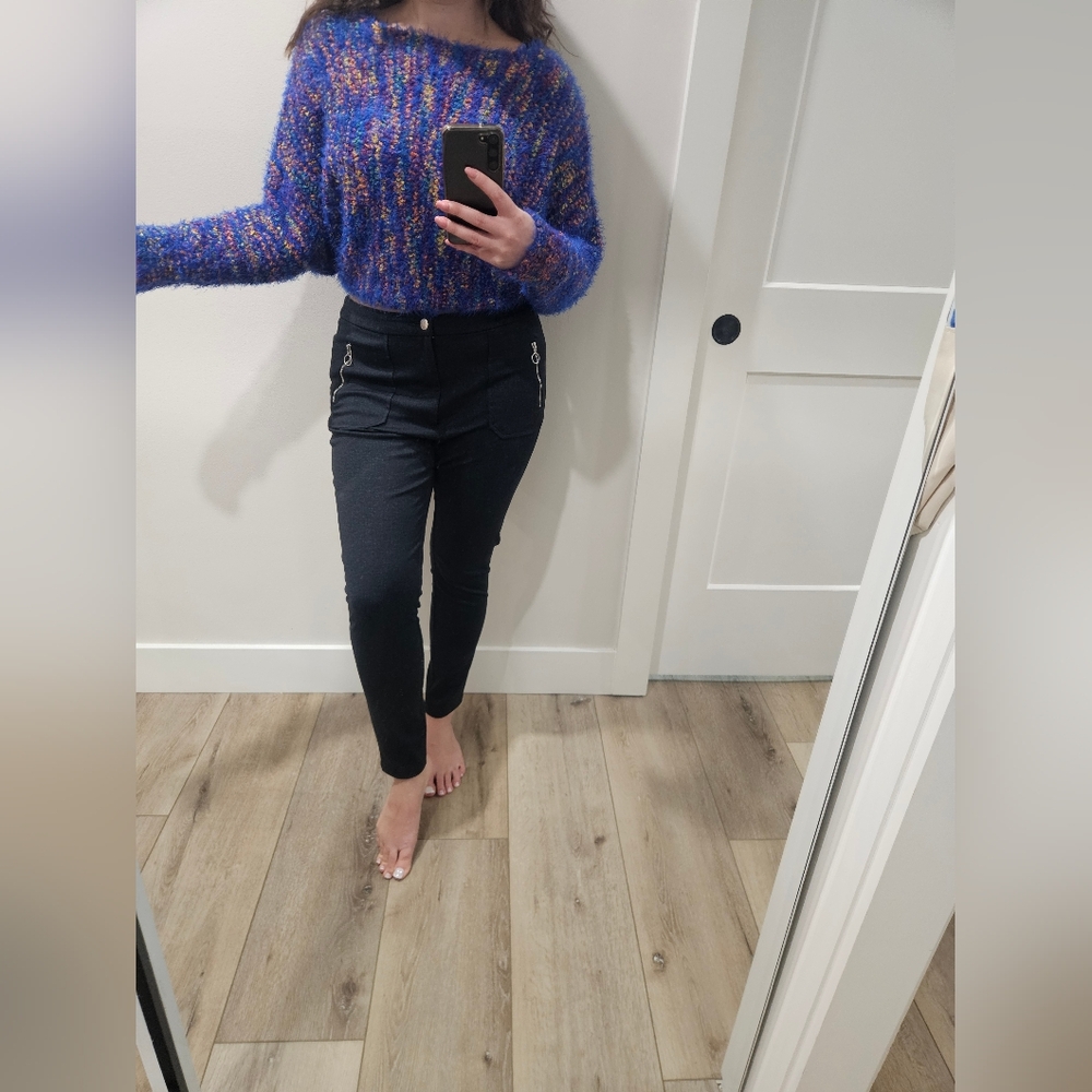 Blue and Orange Chunky Knit Crew Neck Sweater